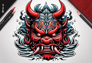 red oni mask floating in water tattoo idea
