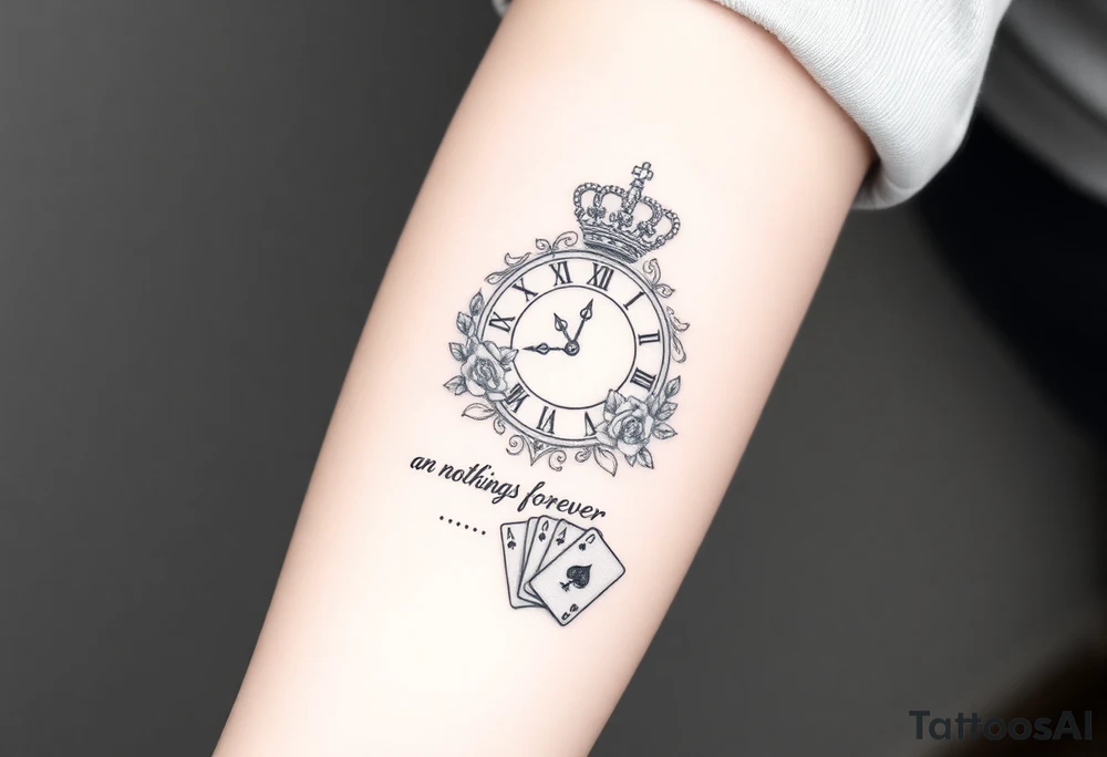 Roman clock with roses and a crown,  a quote that says nothings forever. and on the bottom a deck of cards tattoo idea