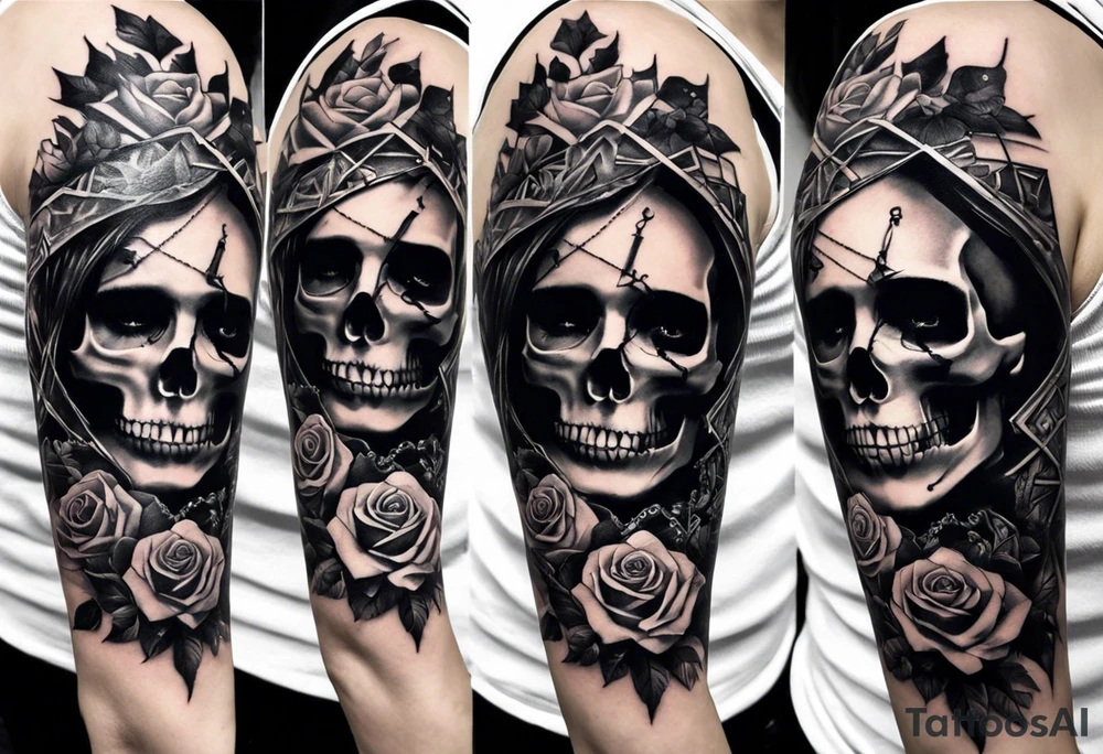 A sleeve tattoo whose elements seem to be connected into one story. Elements on the tattoo: a skull with a rose sticking out of the eye, plants, a girl’s face turning into roots, a destroyed old chain, a broken sword, a butterfly and you can add some connecting elements tattoo idea
