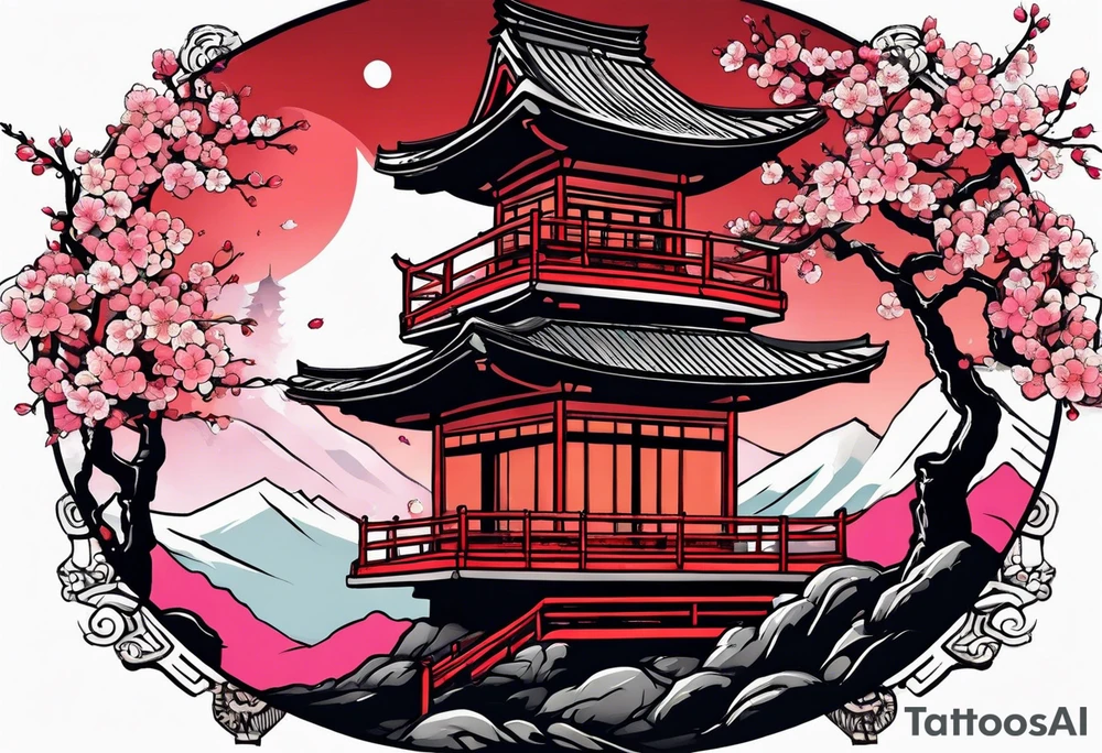 Japanese temple with cherry blossom and samurai tattoo idea