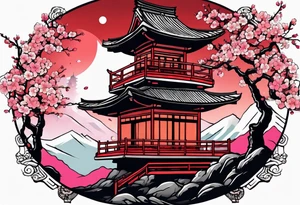 Japanese temple with cherry blossom and samurai tattoo idea