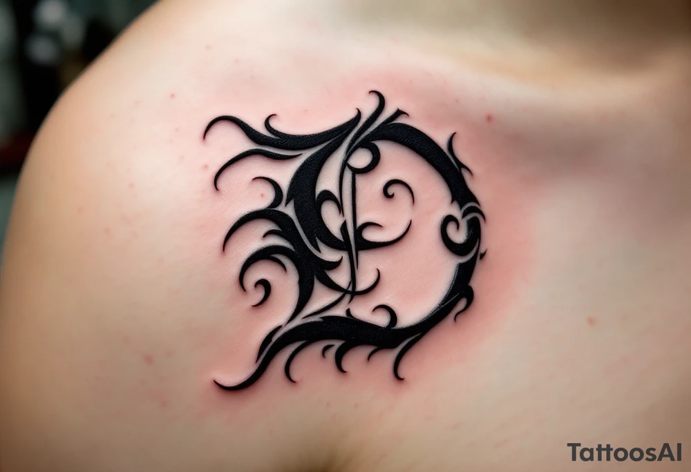 Tribal Style D – A sharp, black ink D stylized with tribal spikes and swirls, resembling Polynesian or Maori patterns. tattoo idea