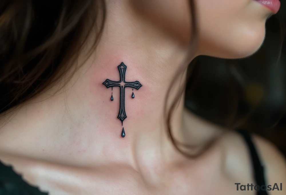 Faded Cross with Water Drips – A tiny dark gray cross that fades at the edges, with subtle water droplets cascading down to represent purification and renewal. tattoo idea