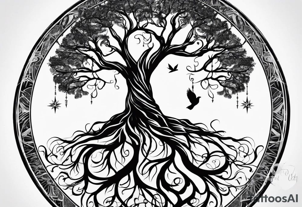 circle of life tree
the roots of the tree wrapped around a compass 
the compass is below the tree
the roots of the tree are wrapped around the compass tattoo idea