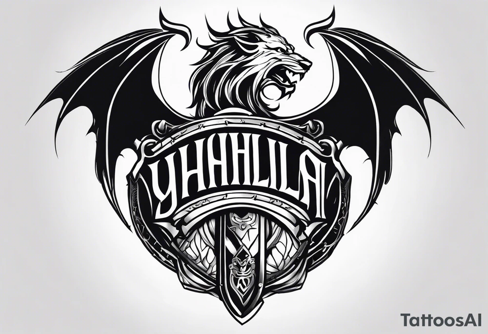 Valhalla sword shield dragon lion tattoo idea