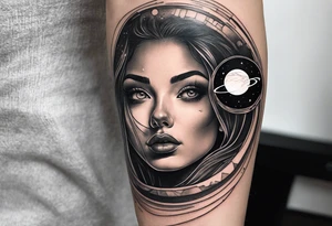A surrealistic forarm tattoo featuring beautiful woman’s face with glowing eyes holding a planet in her hand. Above her head is a man being lifted up into a black hole tattoo idea