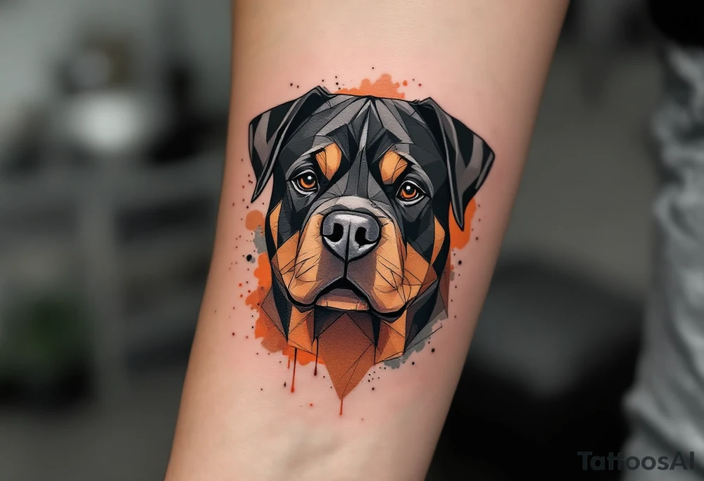 Geometric Rottweiler Head – A stylized Rottweiler head with clean black geometric lines and a splash of dark orange and tan watercolor accents. tattoo idea