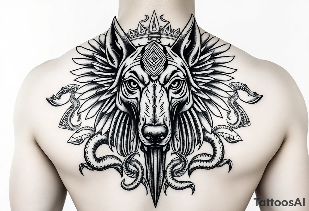 Egyptian Anubis god face muscle in Egypt style dog face surrounded Egyptian symbols and snakes full back tattoo idea