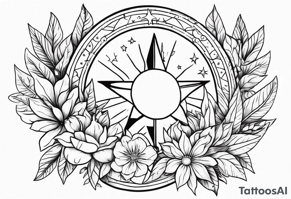 Western floral with sun stars and moon. Mirrored tattoo idea