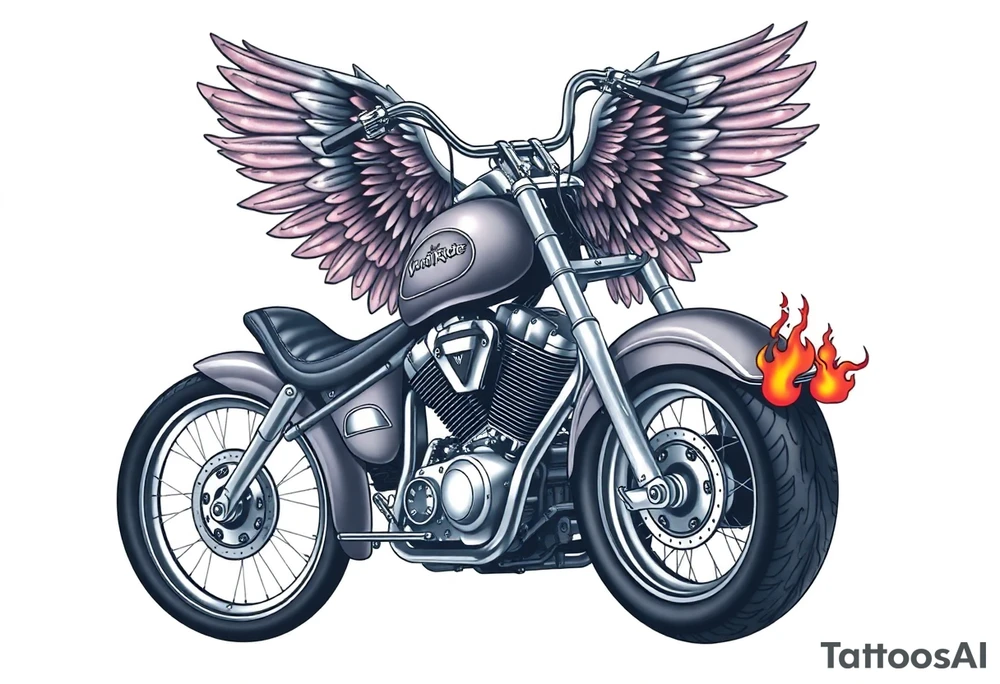 Low rider grey motorcycle, big muffler pipes with flames, angel wings tattoo idea