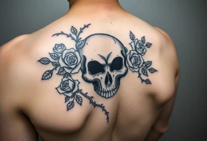 gothic skull intertwined with climbing roses and thorny vines tattoo idea