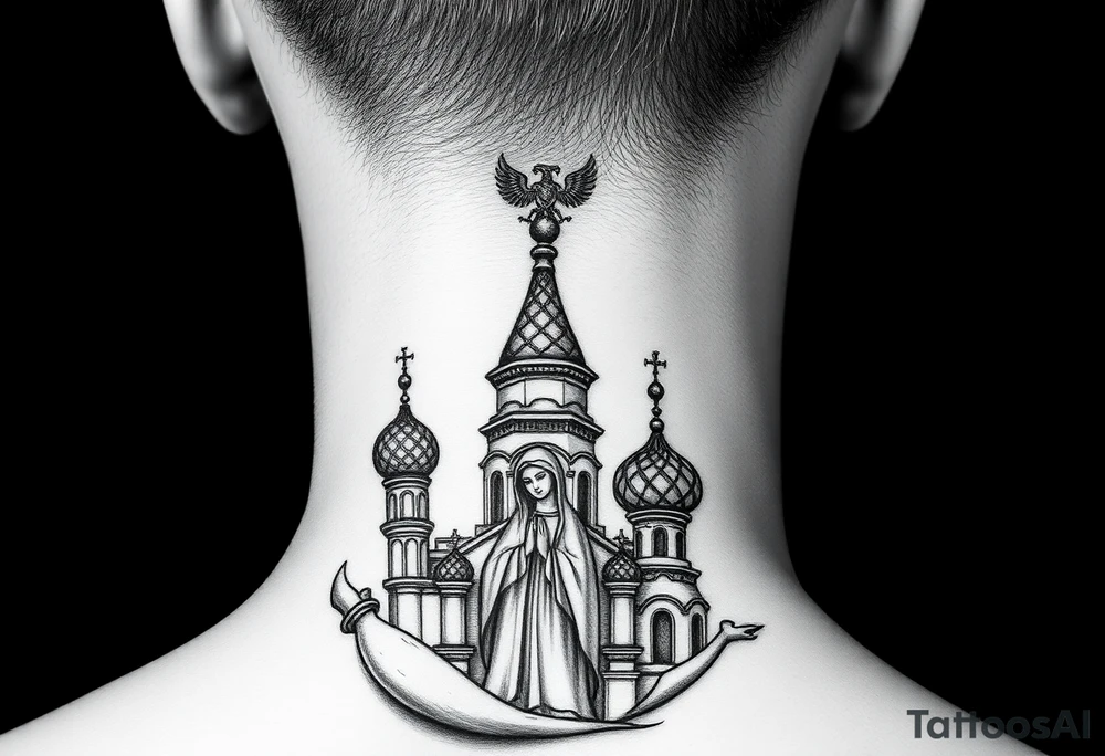 Flowing Scene

A onion domes orthodox church
Virgin Mary in prayer pose wrapping around the lower neck curve
A small double headed russian coat of arms eagle or just the star tucked above the dome near the hairline tattoo idea