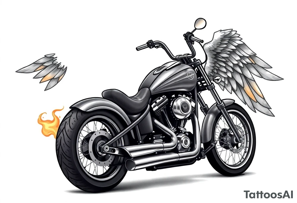 Low rider grey motorcycle, big muffler pipes with flames, angel wings, driving away, no person tattoo idea