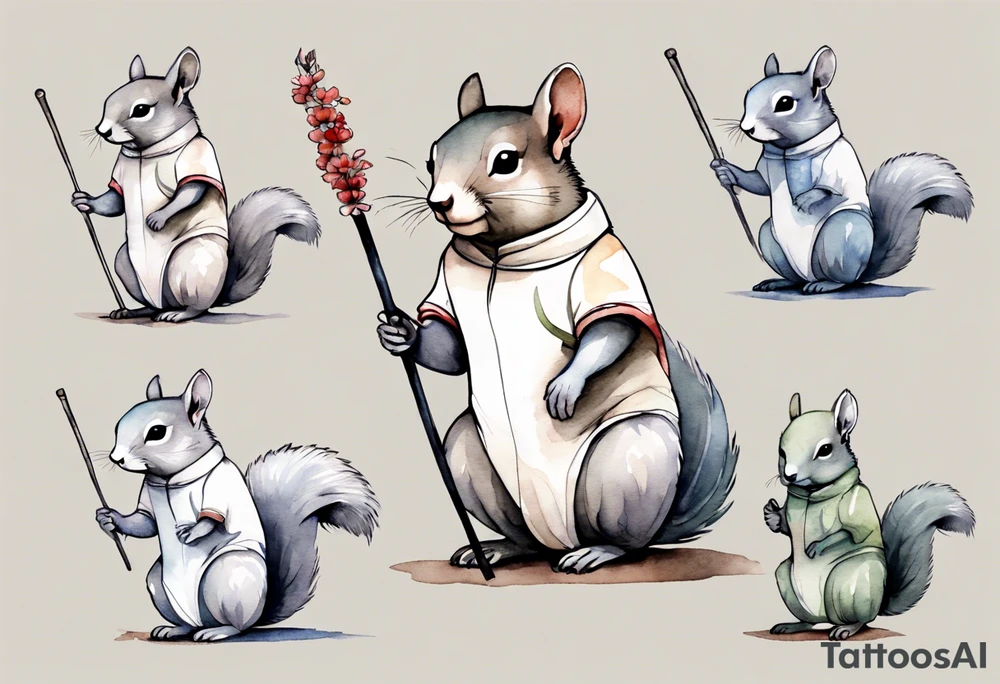 a sad grey squirrel dressed in a tunic holding a large white stick tattoo idea