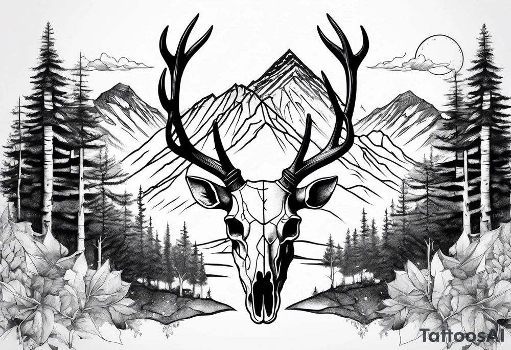 deer skull with mountains and trees tattoo idea