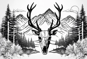 deer skull with mountains and trees tattoo idea