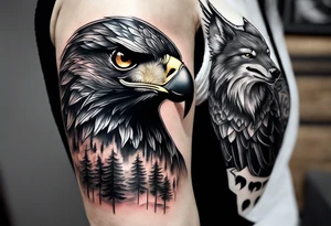 Black and grey tattoo of a Hawk beside a wolf in nature tattoo idea