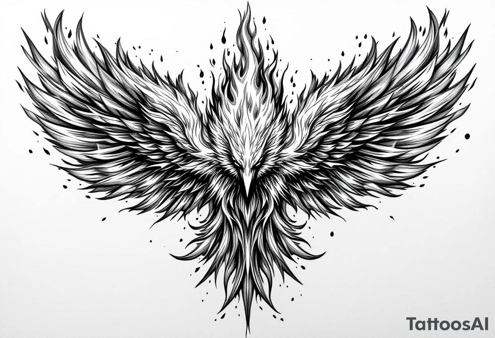 Realistic and symmetrical flaming Phoenix rebirth with spread low wings surrounded by fire mapped onto chest only
Phoenix head must be in the middle of the chest, straight and symmetrical 
Fire should be surrounding spread wings
Wings should be spread down only on pectoralis major muscle towards nipples tattoo idea
