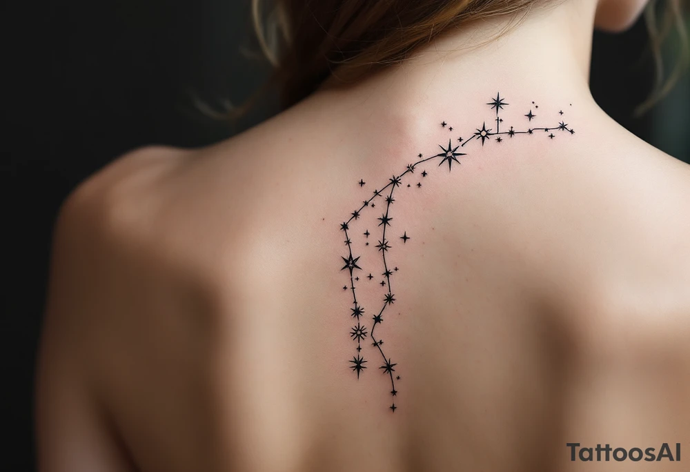 The Virgo glyph in black anchors a trail of pastel-colored stars that form the constellation on the upper spine. tattoo idea