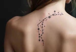 The Virgo glyph in black anchors a trail of pastel-colored stars that form the constellation on the upper spine. tattoo idea