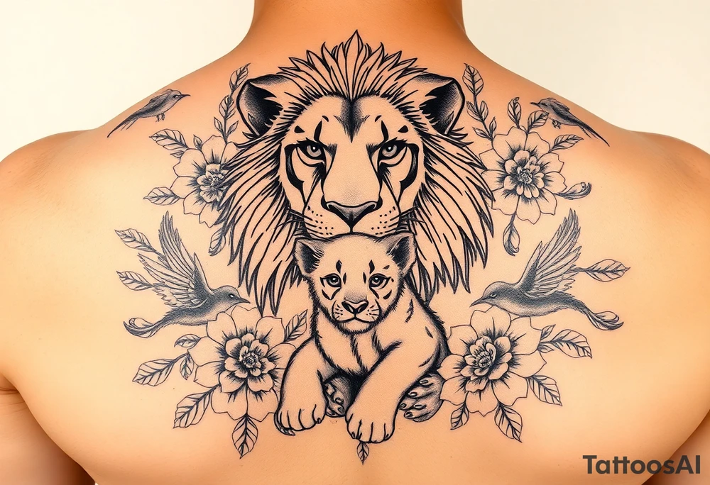 powerful majestic lion and cub, surrounded by floral ornaments and birds tattoo idea
