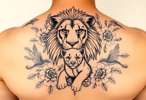 powerful majestic lion and cub, surrounded by floral ornaments and birds tattoo idea