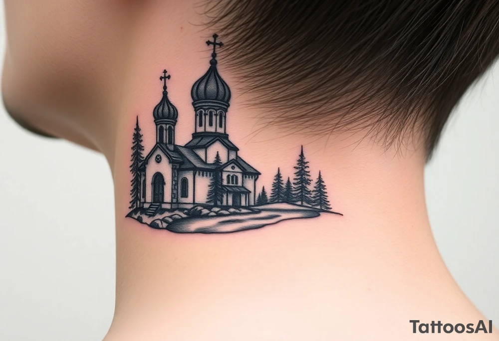 medium sized russian orthodox dome church with a separated virgin mary with a lake and pine trees on the sized of my neck tattoo idea