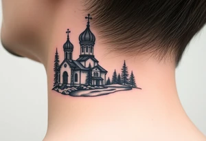 medium sized russian orthodox dome church with a separated virgin mary with a lake and pine trees on the sized of my neck tattoo idea