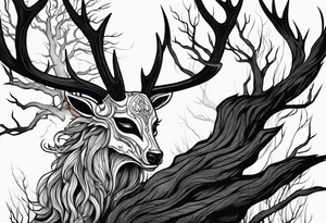 A spooky dead NO SKIN lore accurate wendigo side profile surrounded by a forest fire in background tattoo idea