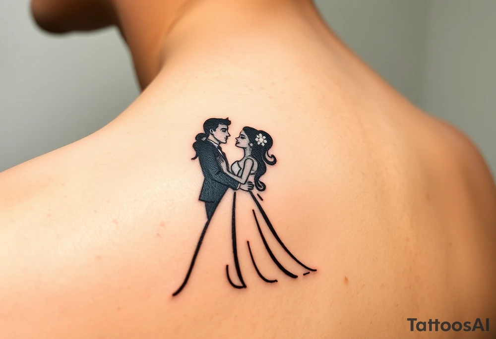 A black and white silhouette of a bride and groom in a romantic embrace, with soft golden highlights for warmth and elegance tattoo idea