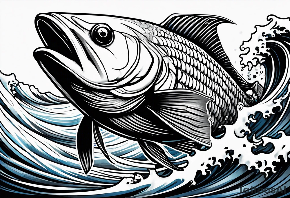 Full sleeve with Blues and blacks, waves fish, struggle, determination tattoo idea Full sleeve with Blues and blacks, waves fish, struggle, determination tattoo idea