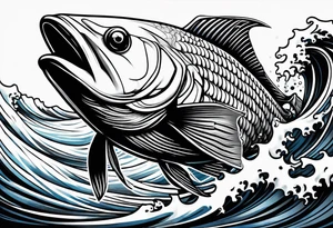 Full sleeve with Blues and blacks, waves fish, struggle, determination tattoo idea