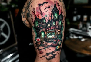 Tim Burton’s candy shop is abandoned and dripping with muted reds, dusty pinks, and eerie green glow. tattoo idea