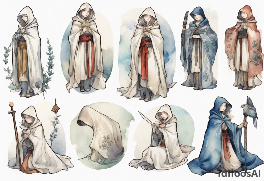 medieval Cate Blanchette dressed in white cloak, sad tattoo idea