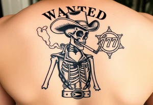 I have a skeleton cowboy smoking a cigarette with smoke that shapes into a heart. It says “wanted” above it and “outlaw” under it. I’d like “777” or a sheriff badge in the background tattoo idea