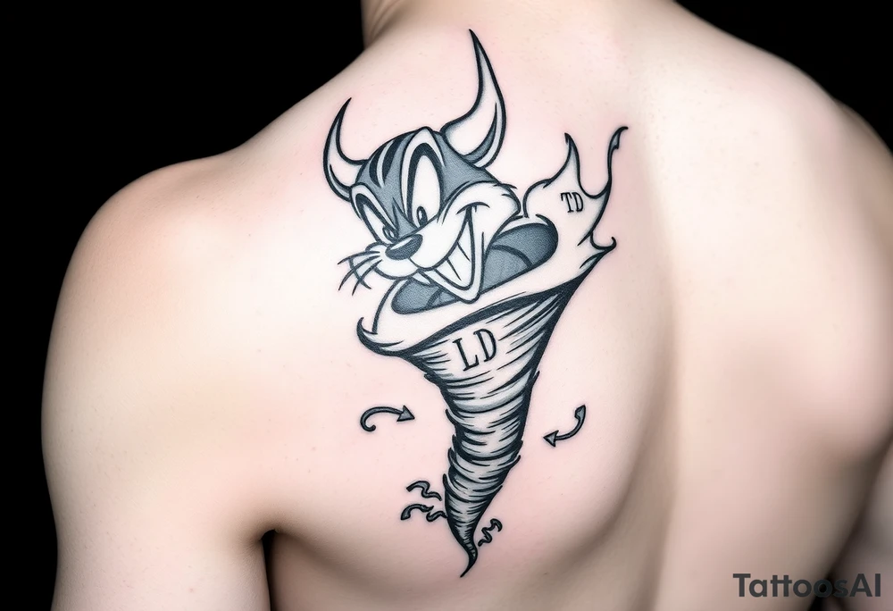Give me the cartoon tazmanian devil from looney toons with half his body a tornado and initials BD, TD, LJ, MA,HE in the tornado on an upper arm tattoo idea