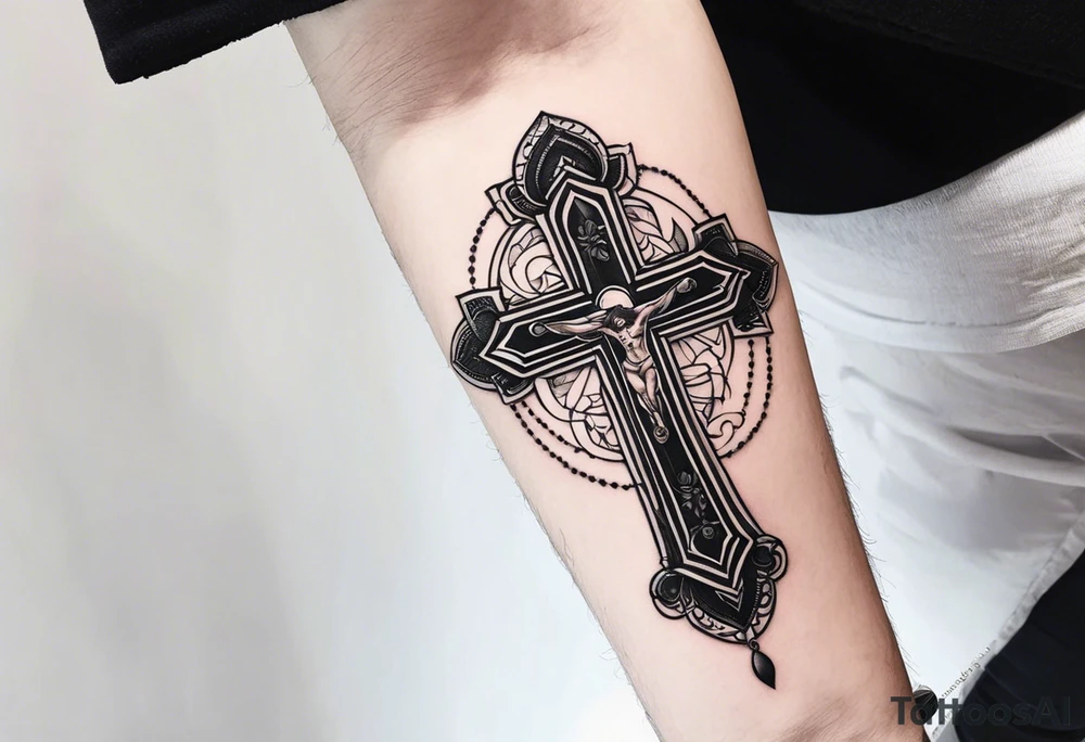 a forearm tattoo with cross and rosary around it tattoo idea