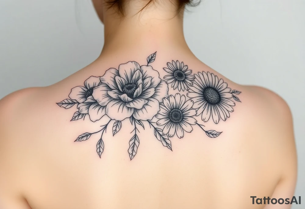 A mix of black and white outline and colored flowers including a carnation and daisy tattoo idea