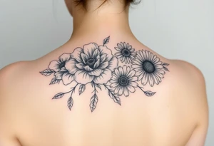 A mix of black and white outline and colored flowers including a carnation and daisy tattoo idea