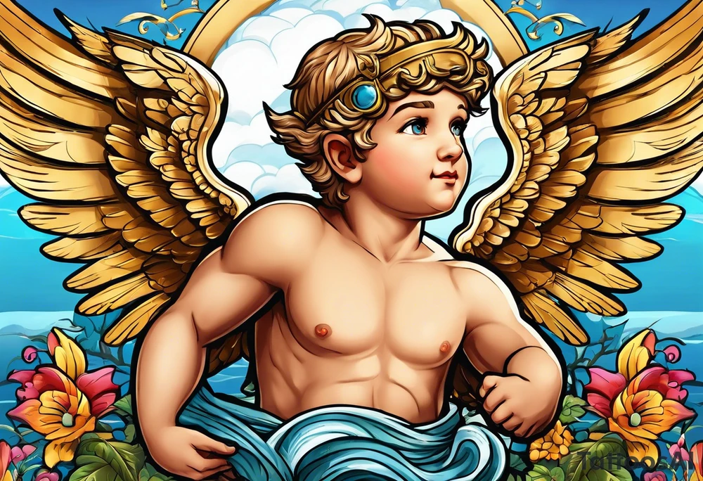 Cupido  fly boy with wings, background sea, ancient rome gods tattoo idea
