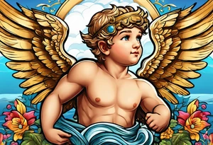 Cupido  fly boy with wings, background sea, ancient rome gods tattoo idea