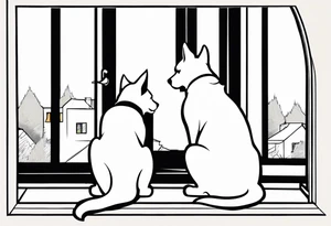 dog and cat looking out tall thin window together tattoo idea