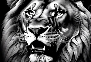 A roaring lion’s face with a flowing mane, emphasizing strength and courage, detailed fur textures tattoo idea