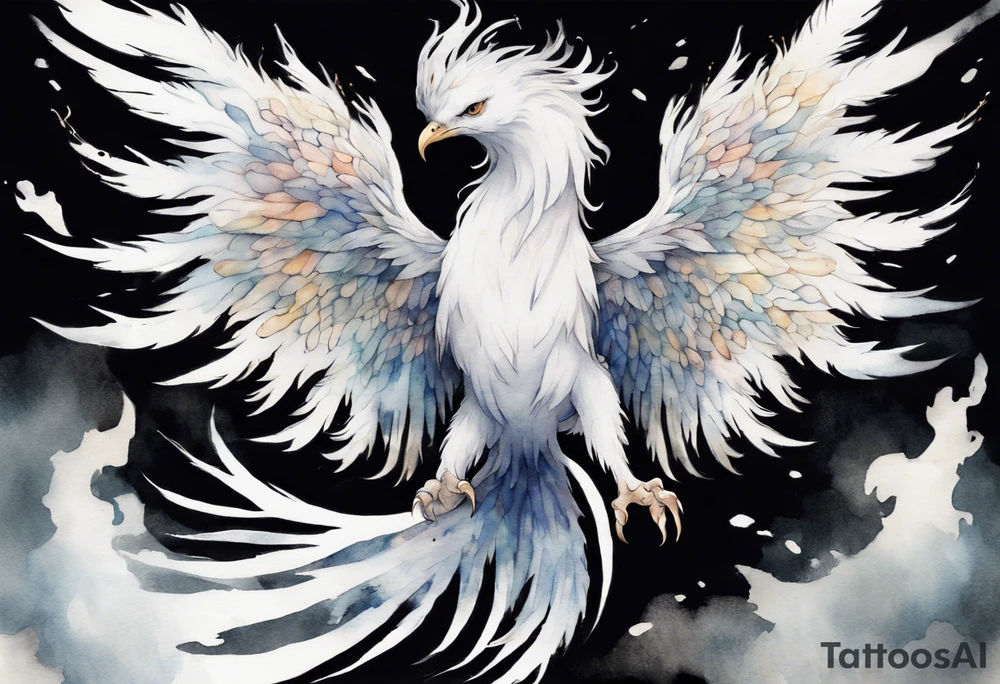 a white phoenix wearing a small crown, flying in the air tattoo idea