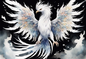 a white phoenix wearing a small crown, flying in the air tattoo idea