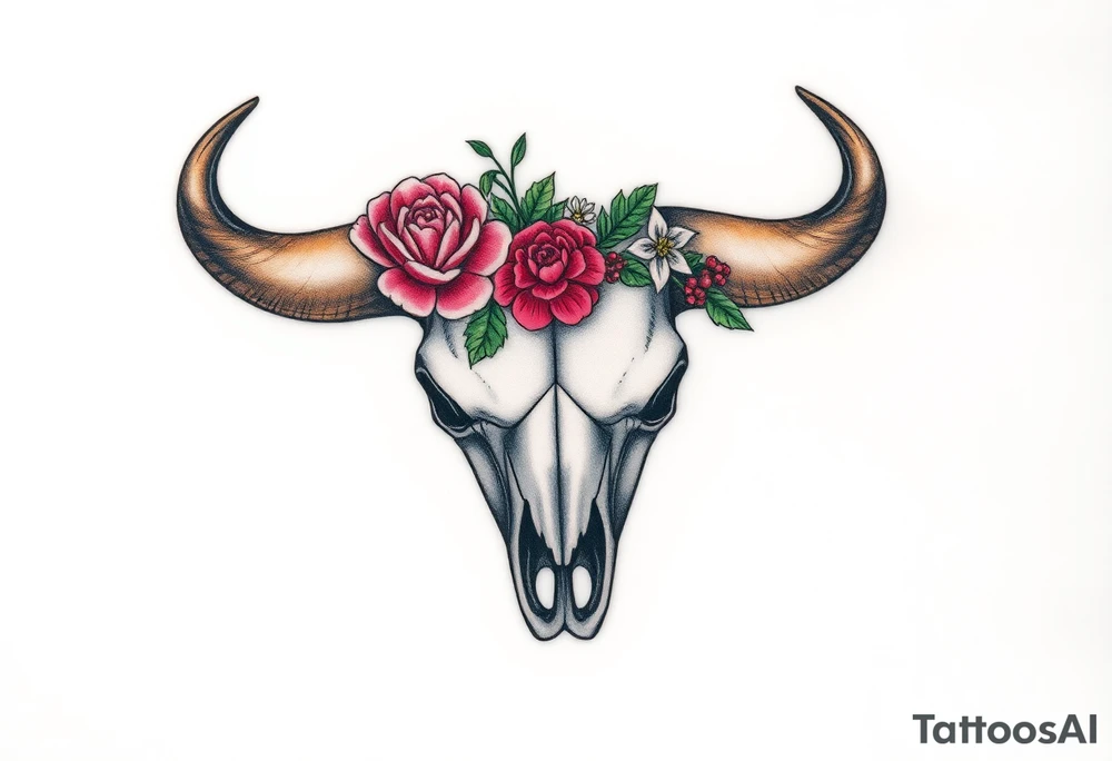 Buffalo skull with flowers. Peony, snowdrop, holly with berries, larkspur, peony. Colour. For upper arm. Masculin. 1:2 aspect

Have one peony and snowdrop above horns. Have holly with berries, larkspur, peony below horns. tattoo idea