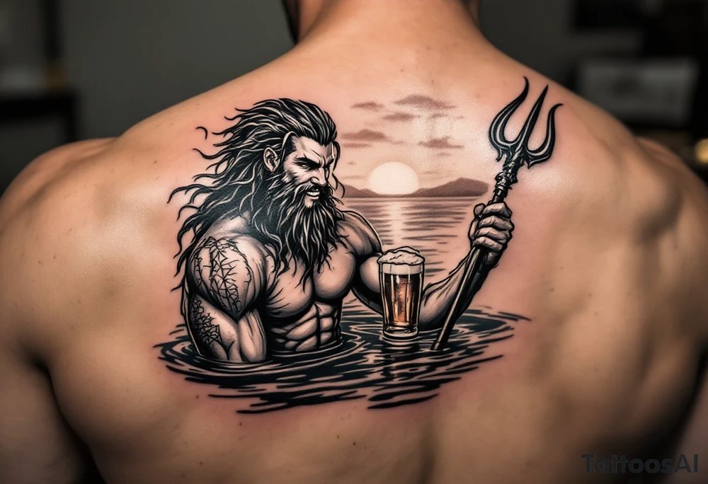 young, smiling, fit poseidon in calm water, holding a trident, drinking a beer, with sunset tattoo idea