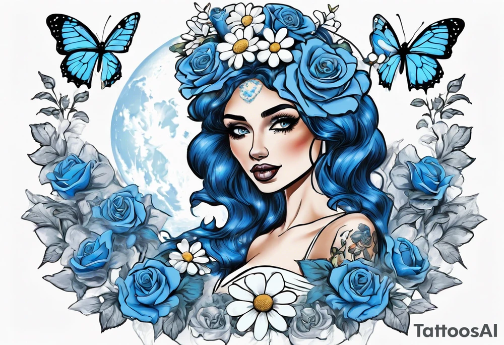 corps bride Emely. she is wearing a wedding dress. the vail on her head. she is holding a bouquet of blue roses in the middle of the bouquet  there is one white daisy. there is a Blue Morpho butterfly flying above the white daisy. A full moon on the background. tattoo idea