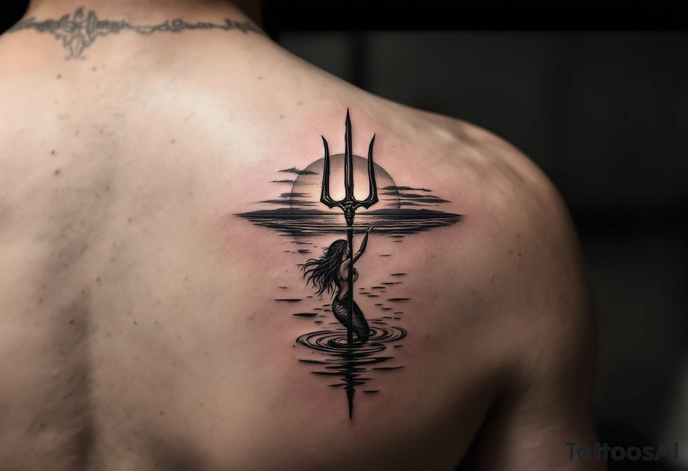 trident half way under calm water with mermaid and sunset tattoo idea