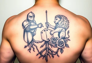 knight and Lion intertwined with tree roots and roses rolling dice tattoo idea